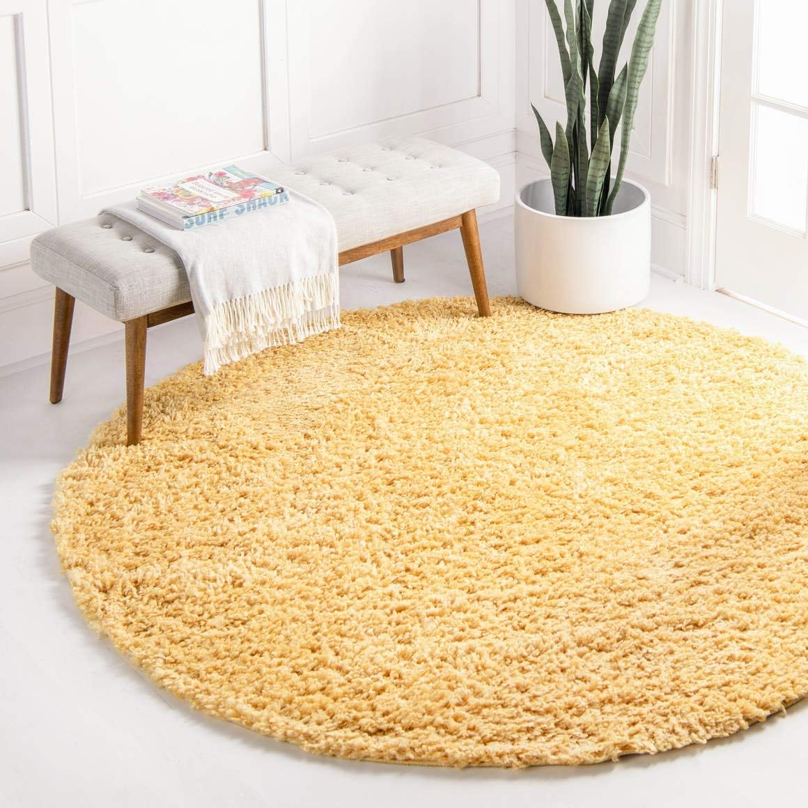 Davos Shag Collection Area Rug - Solid (5' 3" Round, Sun Yellow)