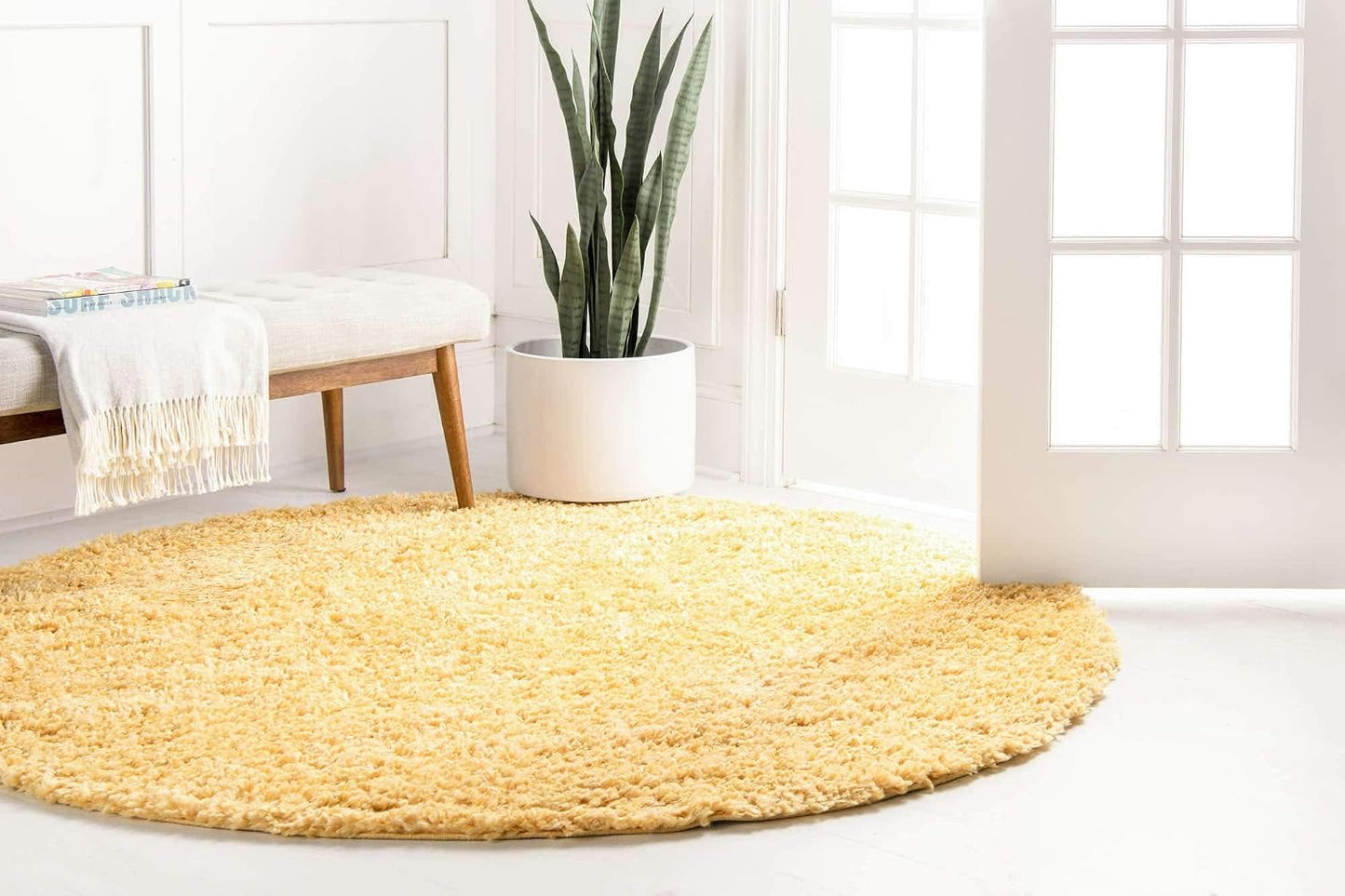 Davos Shag Collection Area Rug - Solid (5' 3" Round, Sun Yellow)