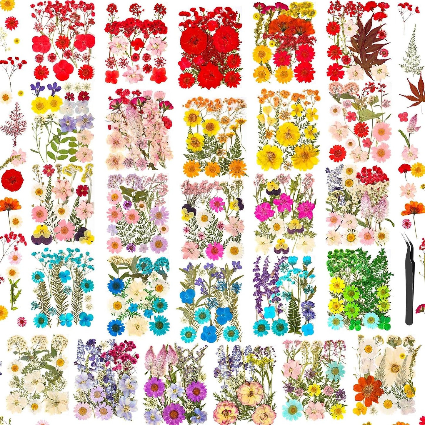 470 PCS Pressed Flowers for Crafts, Real Natural Dry Flowers with Tweezers Dried Pressed Flowers Dry Leaves Bulk for Resin, Scrapbook, Jewelry, Card, Candle & Soap Making