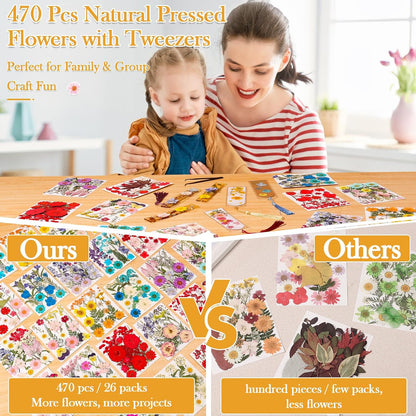 470 PCS Pressed Flowers for Crafts, Real Natural Dry Flowers with Tweezers Dried Pressed Flowers Dry Leaves Bulk for Resin, Scrapbook, Jewelry, Card, Candle & Soap Making