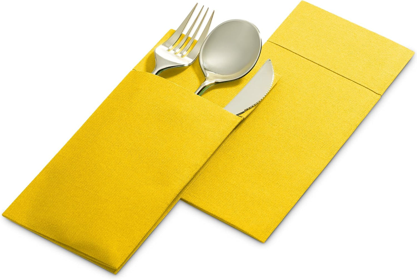 50-Pack Disposable Linen-Feel Dinner Napkins with Built-in Flatware Pocket, YELLOW Prefolded Cloth Like Paper Napkins For Dinner, Wedding Or Party [Silverware NOT Included]