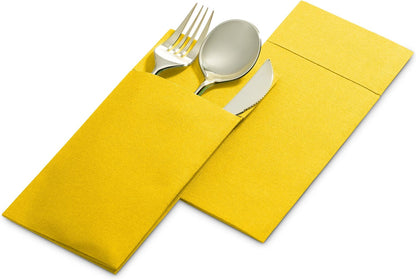 50-Pack Disposable Linen-Feel Dinner Napkins with Built-in Flatware Pocket, YELLOW Prefolded Cloth Like Paper Napkins For Dinner, Wedding Or Party [Silverware NOT Included]