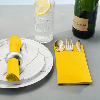 50-Pack Disposable Linen-Feel Dinner Napkins with Built-in Flatware Pocket, YELLOW Prefolded Cloth Like Paper Napkins For Dinner, Wedding Or Party [Silverware NOT Included]