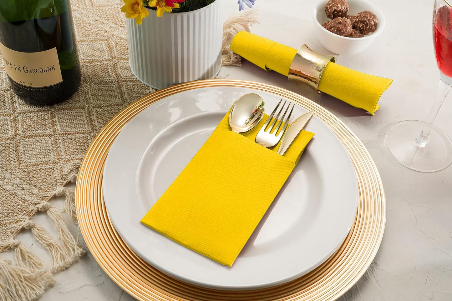 50-Pack Disposable Linen-Feel Dinner Napkins with Built-in Flatware Pocket, YELLOW Prefolded Cloth Like Paper Napkins For Dinner, Wedding Or Party [Silverware NOT Included]
