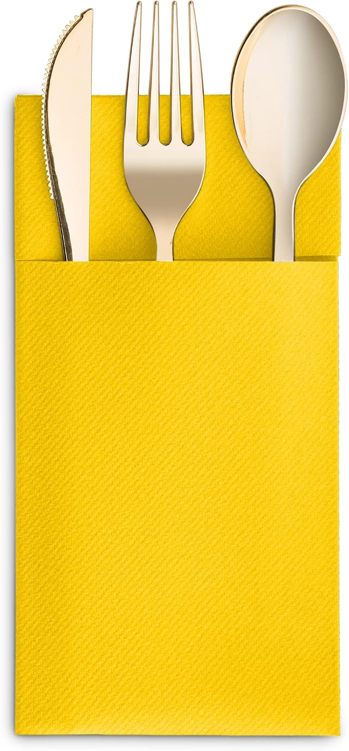 50-Pack Disposable Linen-Feel Dinner Napkins with Built-in Flatware Pocket, YELLOW Prefolded Cloth Like Paper Napkins For Dinner, Wedding Or Party [Silverware NOT Included]