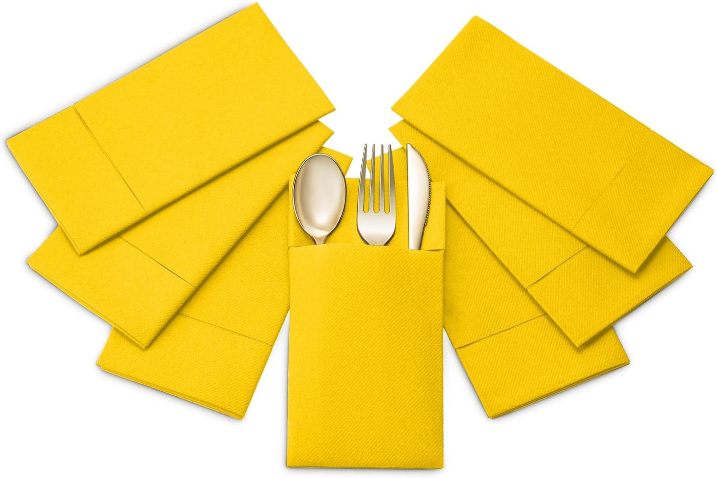 50-Pack Disposable Linen-Feel Dinner Napkins with Built-in Flatware Pocket, YELLOW Prefolded Cloth Like Paper Napkins For Dinner, Wedding Or Party [Silverware NOT Included]