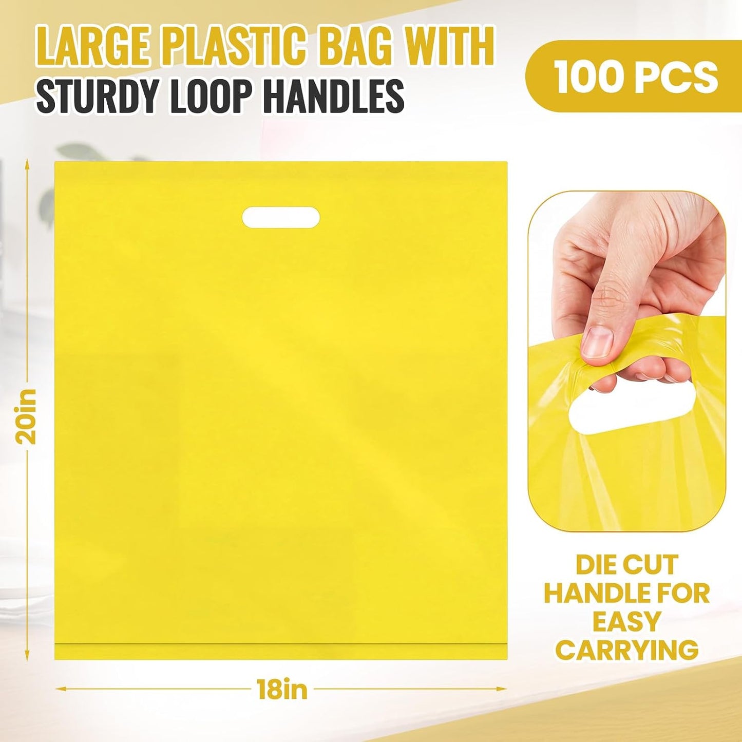 100 Pcs 18"x20" Yellow Plastic Bags with Handles Large Merchandise Shopping Bags for Small Business, Retail, Boutique Stores, Gifts