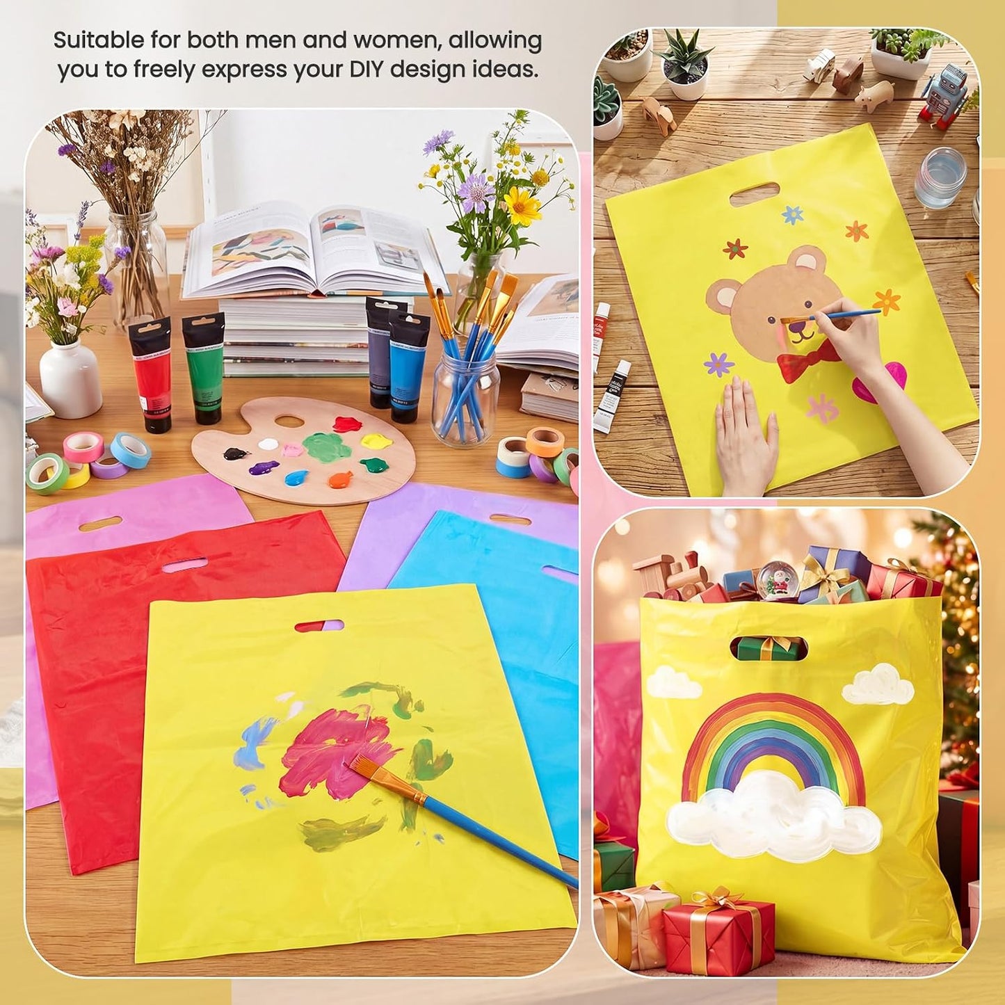 100 Pcs 18"x20" Yellow Plastic Bags with Handles Large Merchandise Shopping Bags for Small Business, Retail, Boutique Stores, Gifts