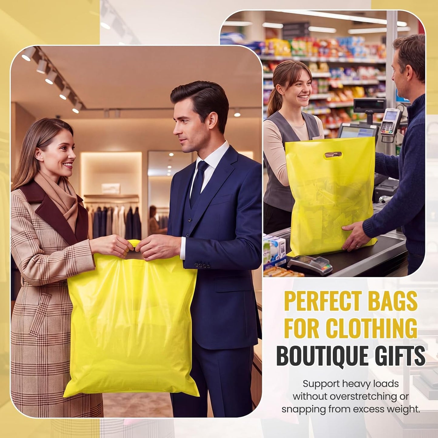 100 Pcs 18"x20" Yellow Plastic Bags with Handles Large Merchandise Shopping Bags for Small Business, Retail, Boutique Stores, Gifts