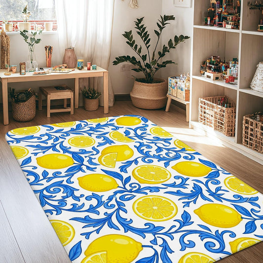 Lemon Area Rug, Summer Bright Lemon Floral Summer Yellow Non-Slip Soft Rectangle Carpet Stain Resistant Rugs for Living Room Bedroom Kitchen Hallway Decor 4' X 6'