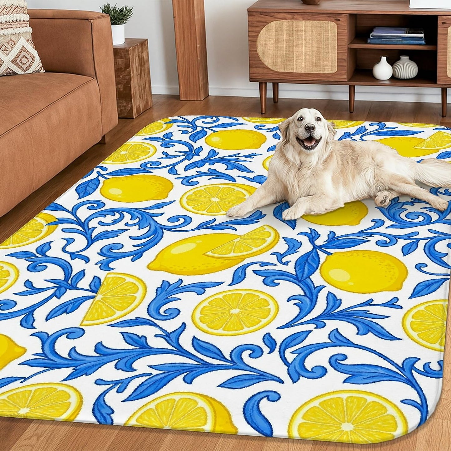 Lemon Area Rug, Summer Bright Lemon Floral Summer Yellow Non-Slip Soft Rectangle Carpet Stain Resistant Rugs for Living Room Bedroom Kitchen Hallway Decor 4' X 6'
