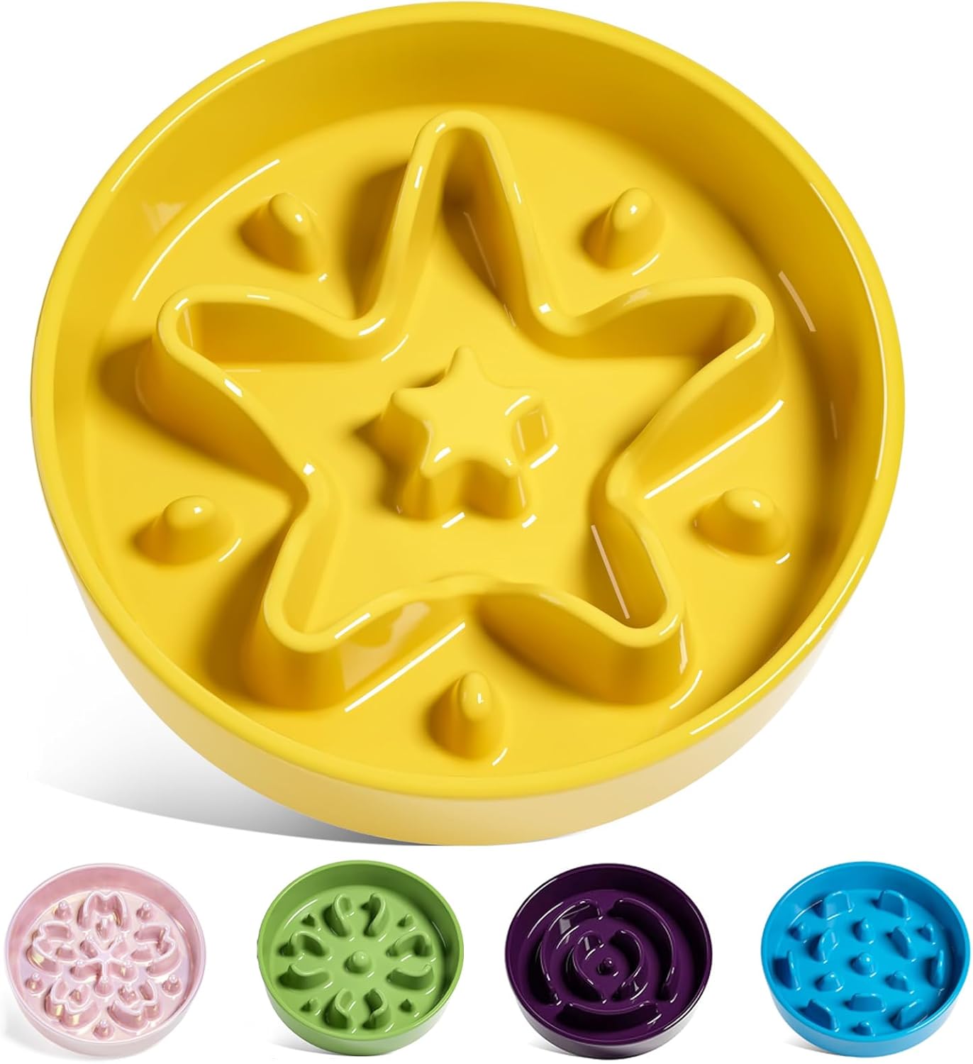 Ceramic Slow Feeder Dog Bowls Small Breed, 0.6 Cups Dog Food Dish for Fast Eaters, Puzzle Bowl for Small Dogs and Cats, Star Yellow
