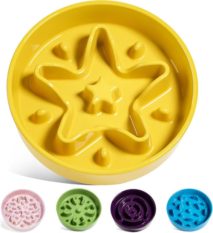 Ceramic Slow Feeder Dog Bowls Small Breed, 0.6 Cups Dog Food Dish for Fast Eaters, Puzzle Bowl for Small Dogs and Cats, Star Yellow