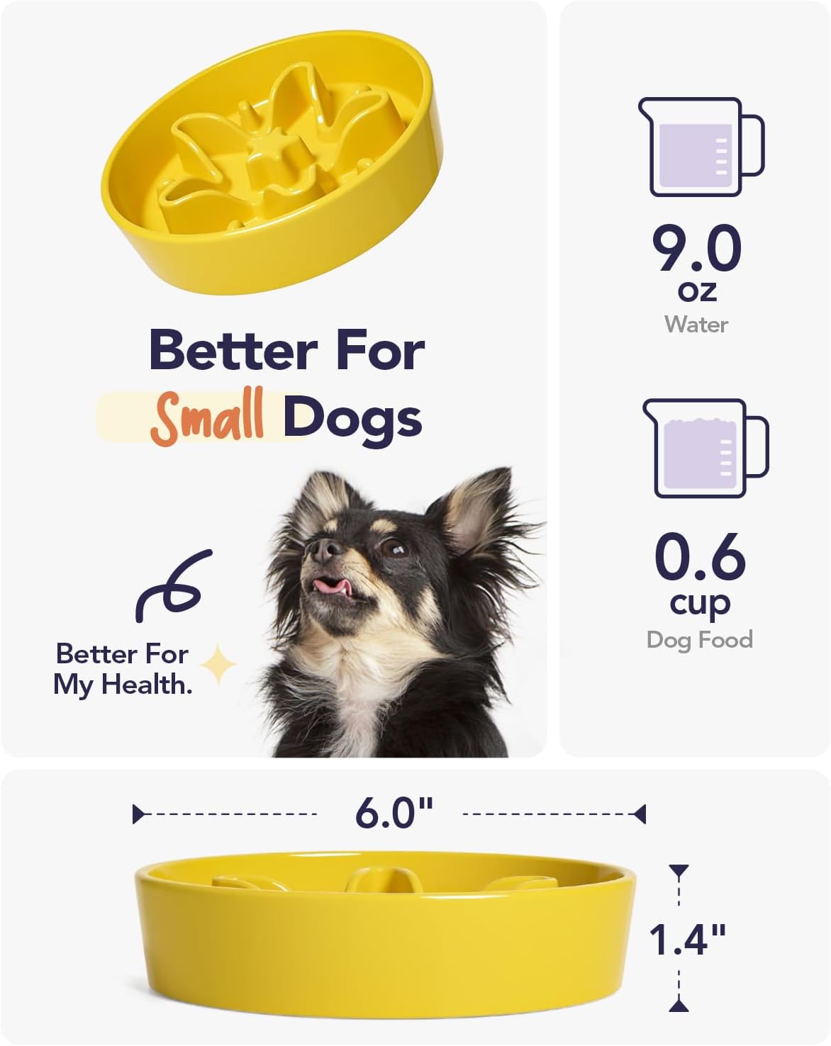 Ceramic Slow Feeder Dog Bowls Small Breed, 0.6 Cups Dog Food Dish for Fast Eaters, Puzzle Bowl for Small Dogs and Cats, Star Yellow