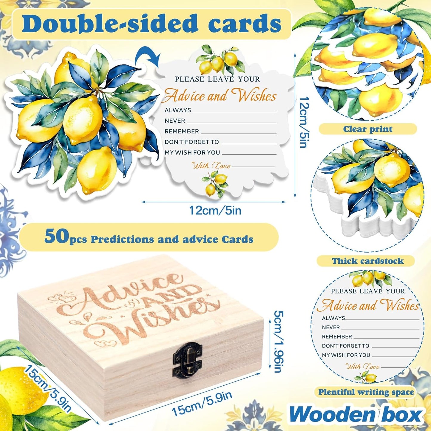 50 Pcs Lemon Advice & Wishes Cards for the Mr & Mrs Amalfi Coast Decor She Found Her Main Squeeze Bridal Shower Decorations Lemon Bridal Shower Favors with Wooden Keepsake Box for Wedding
