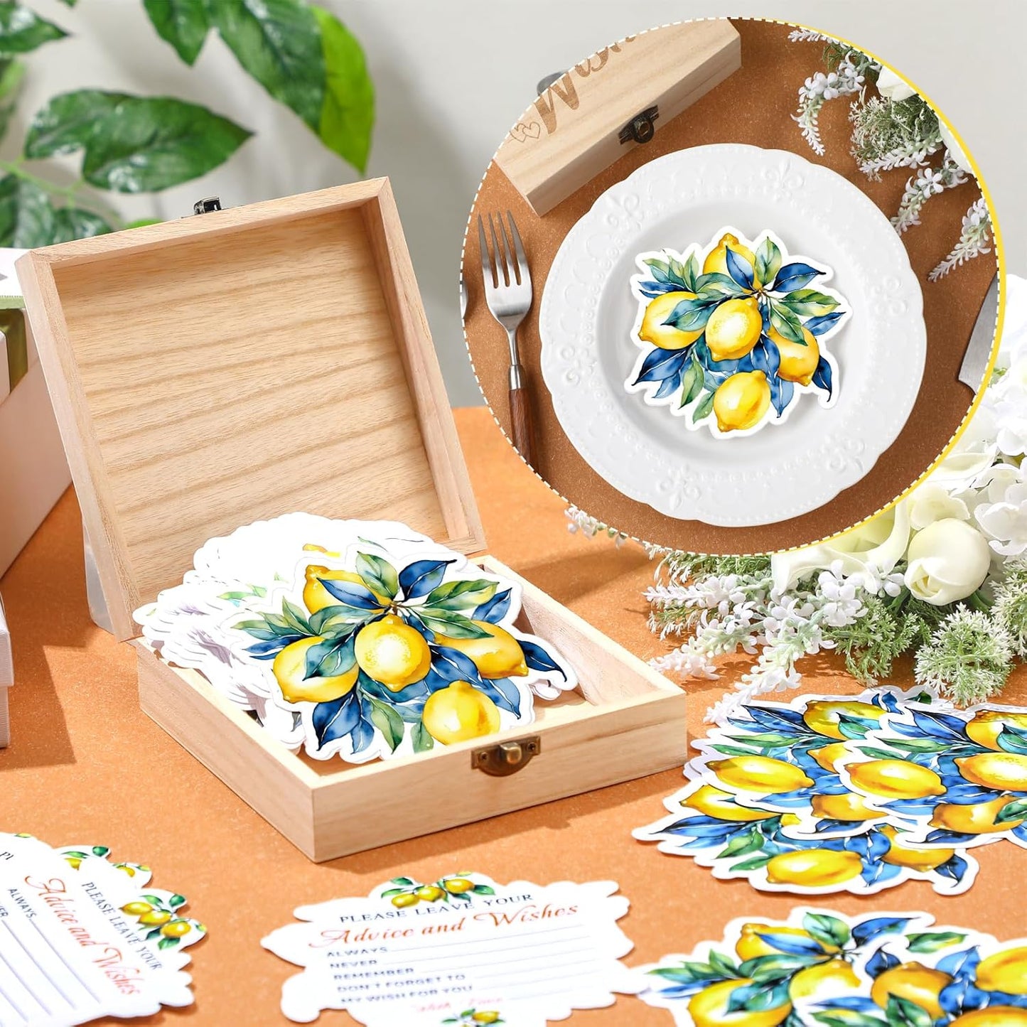 50 Pcs Lemon Advice & Wishes Cards for the Mr & Mrs Amalfi Coast Decor She Found Her Main Squeeze Bridal Shower Decorations Lemon Bridal Shower Favors with Wooden Keepsake Box for Wedding