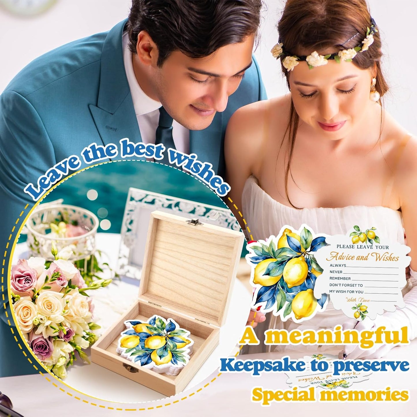 50 Pcs Lemon Advice & Wishes Cards for the Mr & Mrs Amalfi Coast Decor She Found Her Main Squeeze Bridal Shower Decorations Lemon Bridal Shower Favors with Wooden Keepsake Box for Wedding