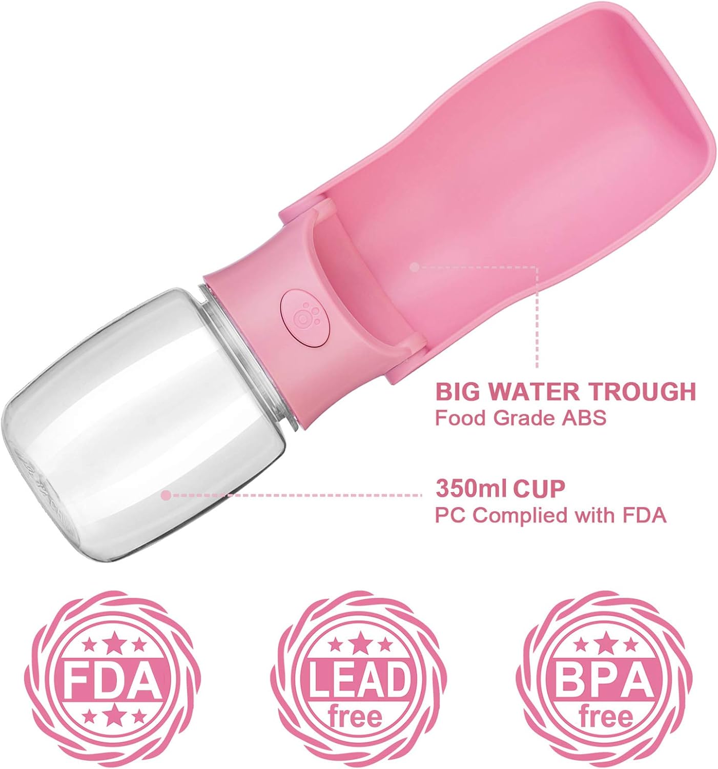 Portable Dog Water Bottle, Foldable Dog Water Bottle Leak Proof Dispenser for Puppy Small Medium Large Dogs, Pet Drink Cup for Walking Hiking Traveling(Pink,12oz)