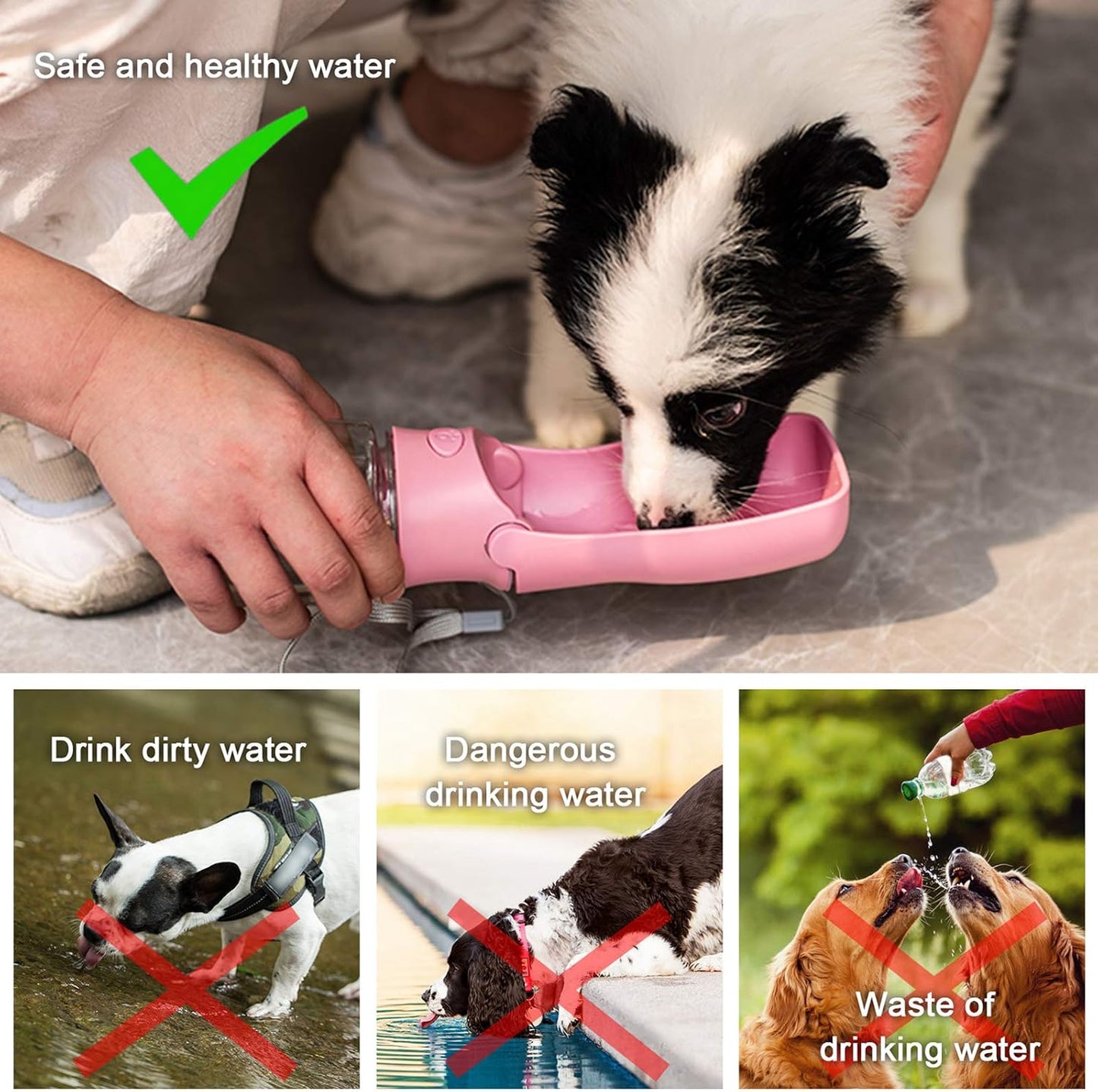 Portable Dog Water Bottle, Foldable Dog Water Bottle Leak Proof Dispenser for Puppy Small Medium Large Dogs, Pet Drink Cup for Walking Hiking Traveling(Pink,12oz)