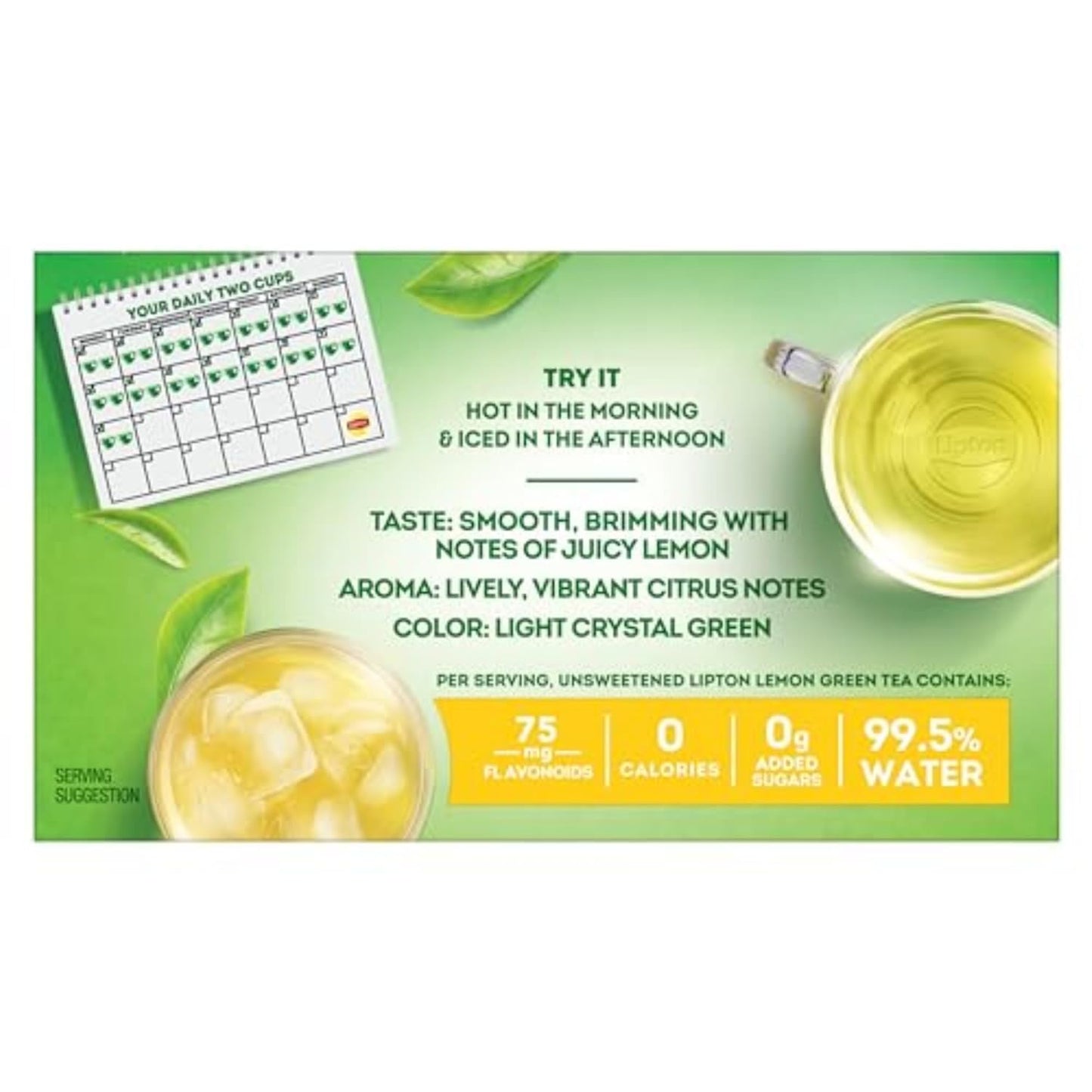 Lemon Green Tea Bags, Flavored, Unsweetened Teabags for Hot Tea or Iced Tea with Caffeine and Flavonoids, 20 Total Tea Bags