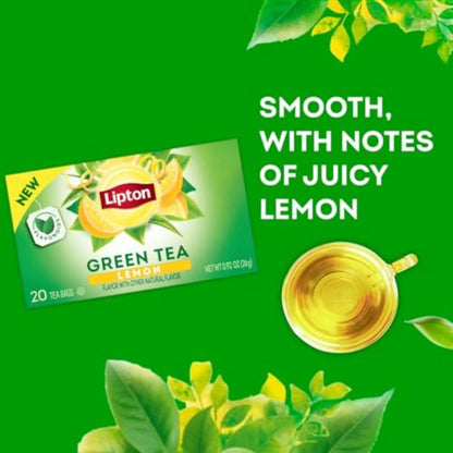 Lemon Green Tea Bags, Flavored, Unsweetened Teabags for Hot Tea or Iced Tea with Caffeine and Flavonoids, 20 Total Tea Bags