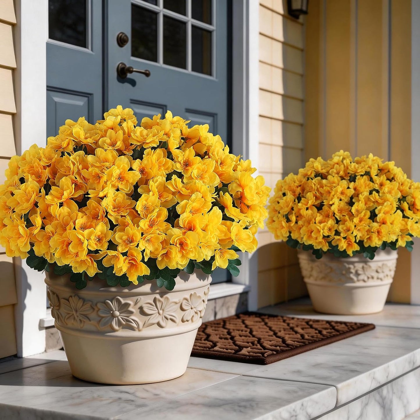 8 Bundles 16" Artificial Azalea Flower Bouquet for Front Door(Yellow) | Fake Resistant Silk Flower Branches, for Farmhouse Garden Patio Front Porch Spring Summer Outside Decor