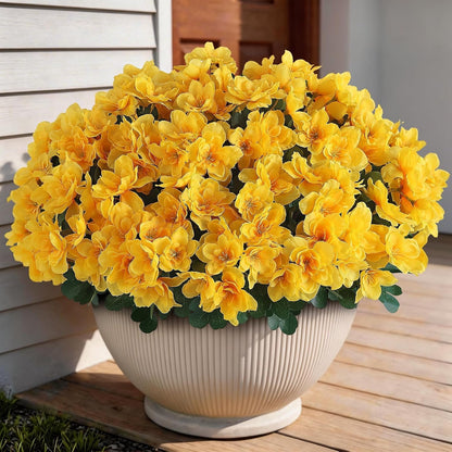 8 Bundles 16" Artificial Azalea Flower Bouquet for Front Door(Yellow) | Fake Resistant Silk Flower Branches, for Farmhouse Garden Patio Front Porch Spring Summer Outside Decor