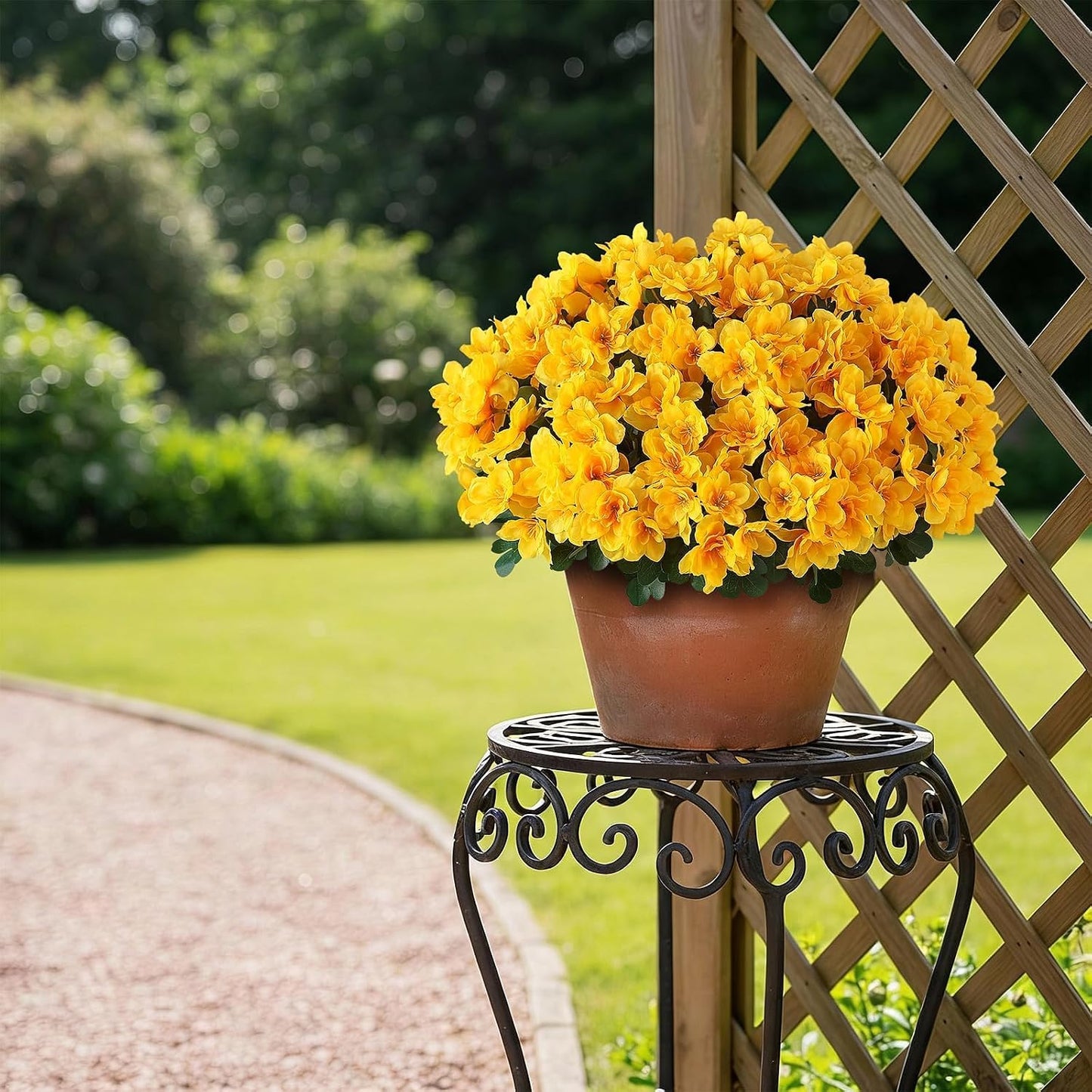 8 Bundles 16" Artificial Azalea Flower Bouquet for Front Door(Yellow) | Fake Resistant Silk Flower Branches, for Farmhouse Garden Patio Front Porch Spring Summer Outside Decor