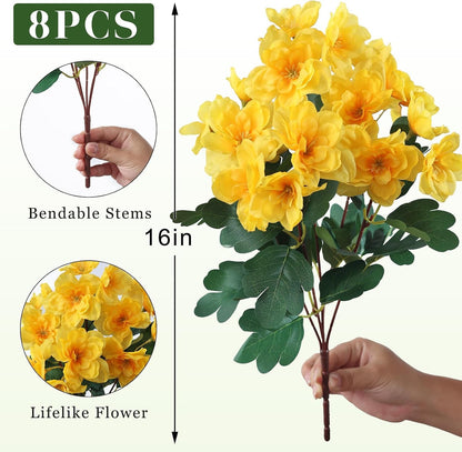 8 Bundles 16" Artificial Azalea Flower Bouquet for Front Door(Yellow) | Fake Resistant Silk Flower Branches, for Farmhouse Garden Patio Front Porch Spring Summer Outside Decor