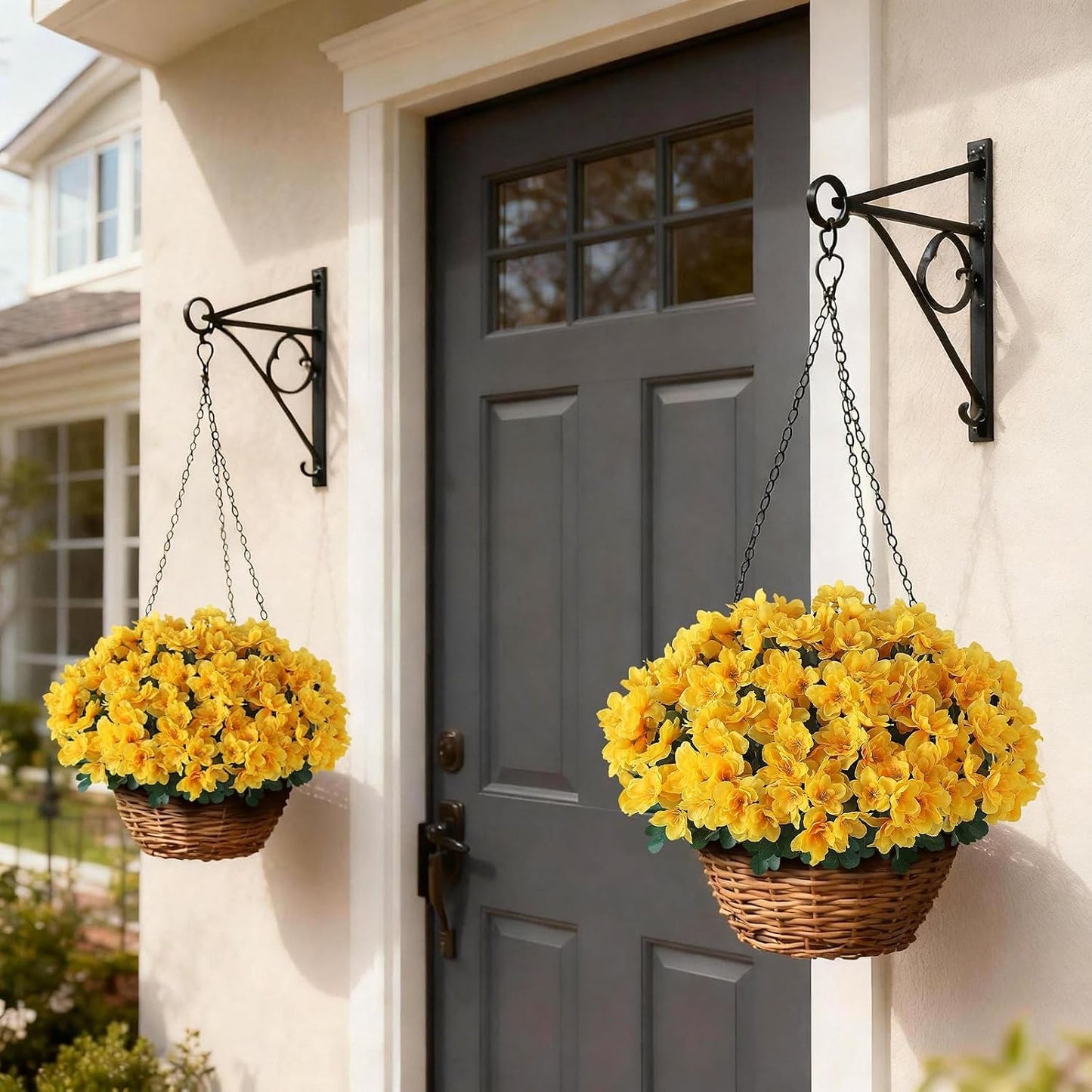 8 Bundles 16" Artificial Azalea Flower Bouquet for Front Door(Yellow) | Fake Resistant Silk Flower Branches, for Farmhouse Garden Patio Front Porch Spring Summer Outside Decor