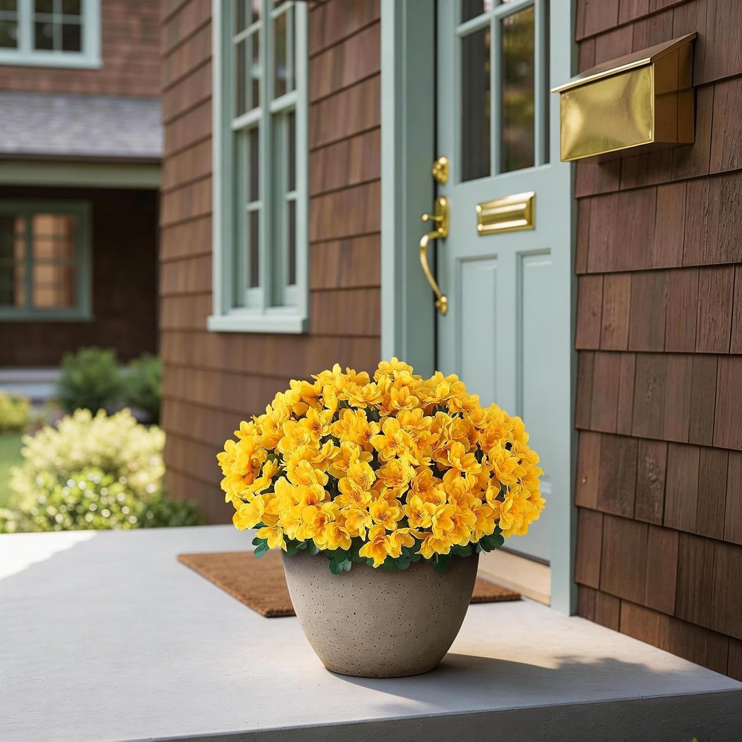 8 Bundles 16" Artificial Azalea Flower Bouquet for Front Door(Yellow) | Fake Resistant Silk Flower Branches, for Farmhouse Garden Patio Front Porch Spring Summer Outside Decor