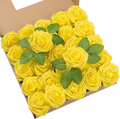 25Pcs Artificial Roses Flowers Fake Roses with Stems Real Touch Foam Flowers for DIY Wedding Bouquet Party Centerpiece Floral Arrangement Party Home Decor(Yellow)