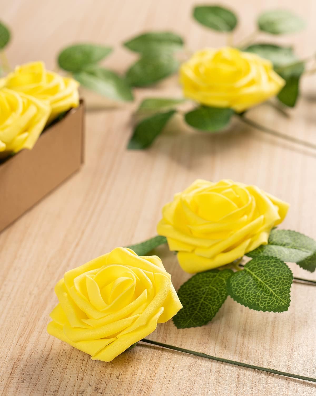 25Pcs Artificial Roses Flowers Fake Roses with Stems Real Touch Foam Flowers for DIY Wedding Bouquet Party Centerpiece Floral Arrangement Party Home Decor(Yellow)