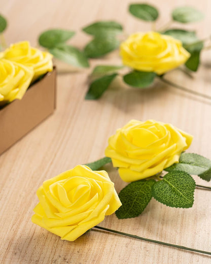 25Pcs Artificial Roses Flowers Fake Roses with Stems Real Touch Foam Flowers for DIY Wedding Bouquet Party Centerpiece Floral Arrangement Party Home Decor(Yellow)