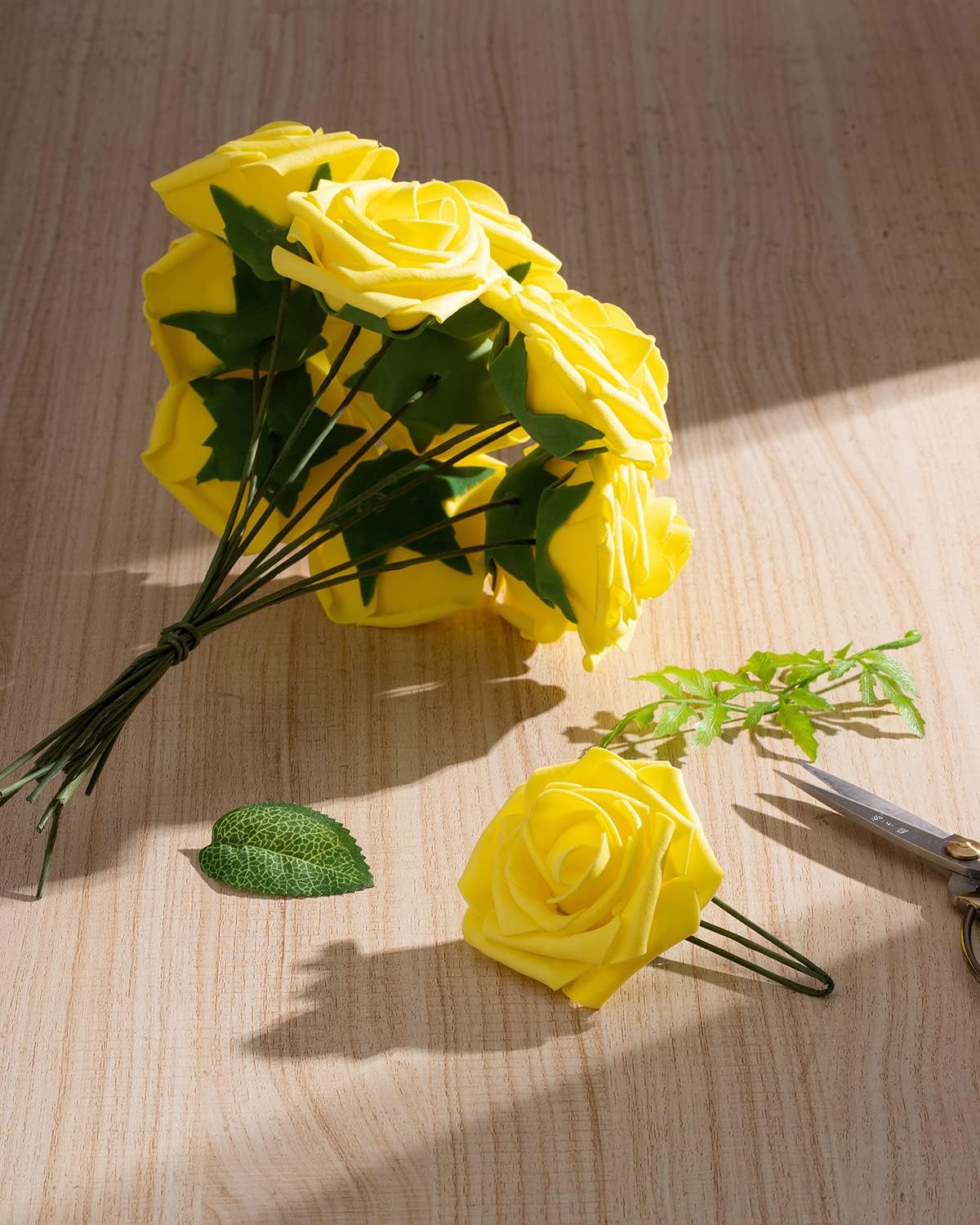 25Pcs Artificial Roses Flowers Fake Roses with Stems Real Touch Foam Flowers for DIY Wedding Bouquet Party Centerpiece Floral Arrangement Party Home Decor(Yellow)