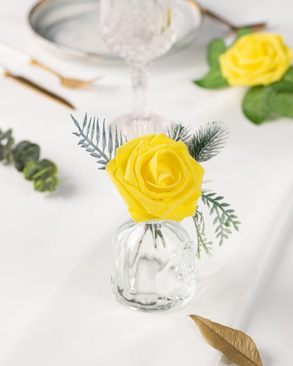 25Pcs Artificial Roses Flowers Fake Roses with Stems Real Touch Foam Flowers for DIY Wedding Bouquet Party Centerpiece Floral Arrangement Party Home Decor(Yellow)