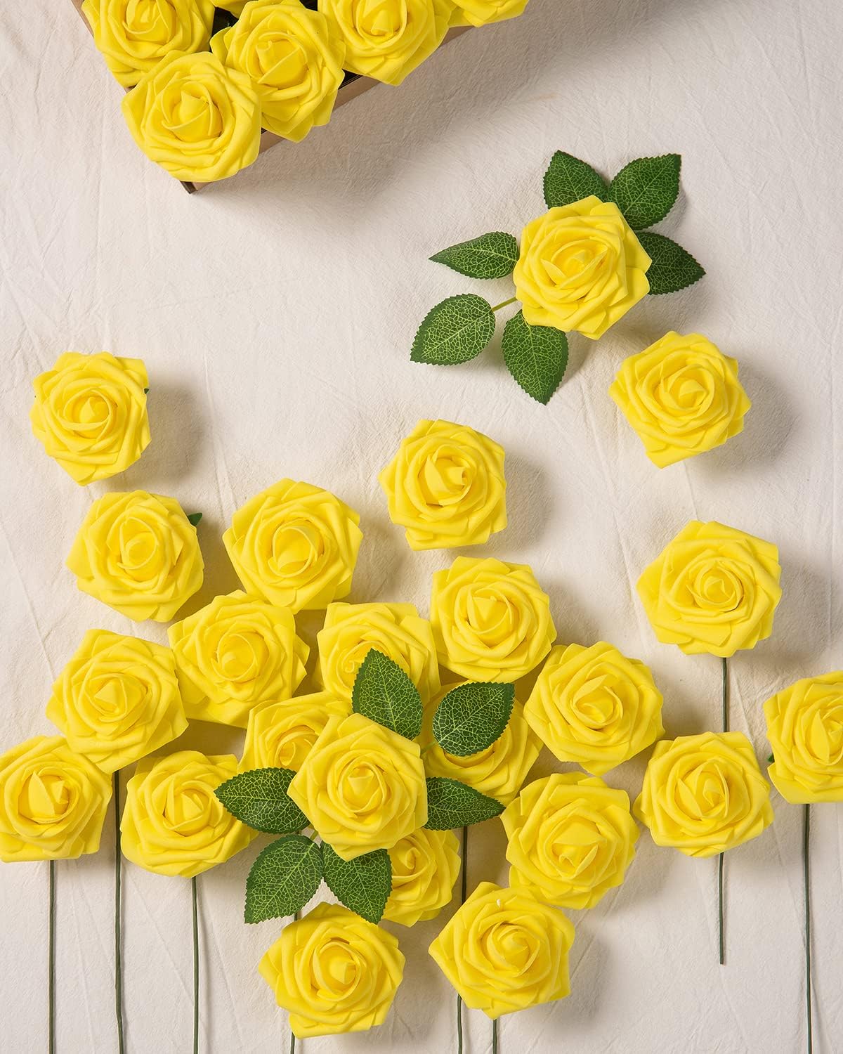 25Pcs Artificial Roses Flowers Fake Roses with Stems Real Touch Foam Flowers for DIY Wedding Bouquet Party Centerpiece Floral Arrangement Party Home Decor(Yellow)