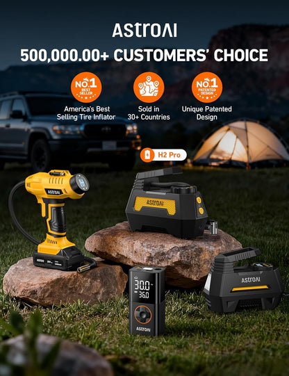 H2 Pro Cordless Tire Inflator Portable Air Compressor Tire Pump with DC 12V & Battery Dual Power Supply Digital Pressure Gauge Fast Inflation Air Pump for Car Tires Motorcycles Bikes Yellow