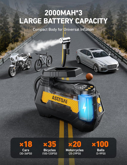 H2 Pro Cordless Tire Inflator Portable Air Compressor Tire Pump with DC 12V & Battery Dual Power Supply Digital Pressure Gauge Fast Inflation Air Pump for Car Tires Motorcycles Bikes Yellow
