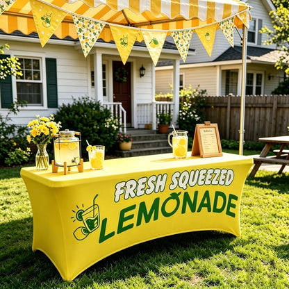 Elastic Lemonade Stand Table Cloth – 70"x30" Fitted Polyester Table Cover for 6 Ft Rectangle Table – Cute Lemon Pattern – Washable & Stain Resistant for Lemonade Stand Supplies (Lemon Rose)