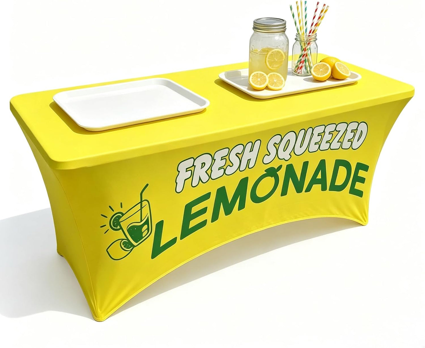 Elastic Lemonade Stand Table Cloth – 70"x30" Fitted Polyester Table Cover for 6 Ft Rectangle Table – Cute Lemon Pattern – Washable & Stain Resistant for Lemonade Stand Supplies (Lemon Rose)
