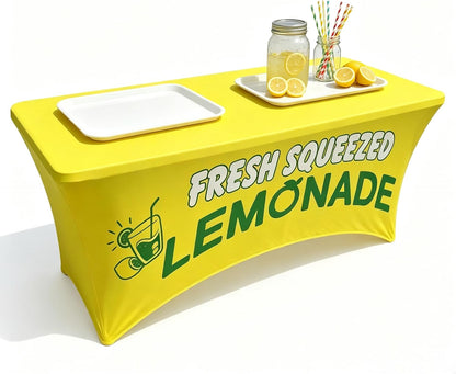 Elastic Lemonade Stand Table Cloth – 70"x30" Fitted Polyester Table Cover for 6 Ft Rectangle Table – Cute Lemon Pattern – Washable & Stain Resistant for Lemonade Stand Supplies (Lemon Rose)