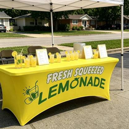 Elastic Lemonade Stand Table Cloth – 70"x30" Fitted Polyester Table Cover for 6 Ft Rectangle Table – Cute Lemon Pattern – Washable & Stain Resistant for Lemonade Stand Supplies (Lemon Rose)