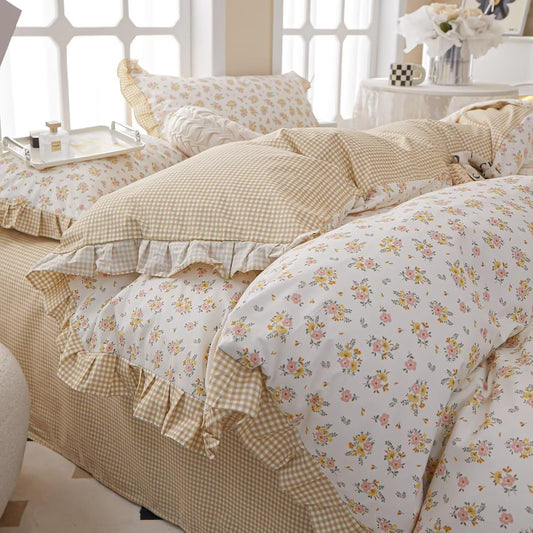 Full Size Pink & Yellow Floral Ruffled Comforter Set - 3 Piece Cottagecore Style Reversible Bed Set with Beige Plaid Pattern, Soft Aesthetic Bedding Set for Girls Wome