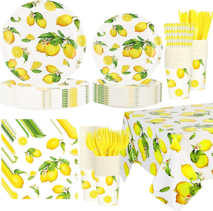 161 Pcs Lemon Party Supplies Serves 24 Guests Disposable Lemon Tablecloth Dinnerware Set 2 Sizes of Paper Plate Cup Napkin Knife Fork Spoon Straw for Birthday Baby Shower Wedding Dining Picnic