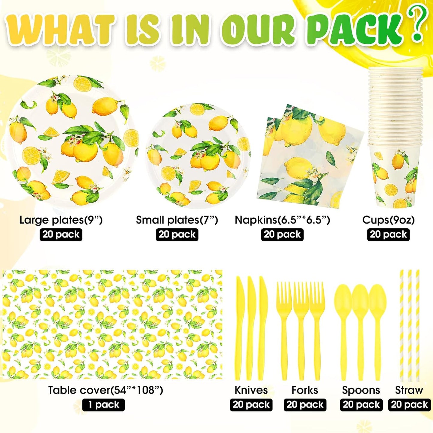 161 Pcs Lemon Party Supplies Serves 24 Guests Disposable Lemon Tablecloth Dinnerware Set 2 Sizes of Paper Plate Cup Napkin Knife Fork Spoon Straw for Birthday Baby Shower Wedding Dining Picnic