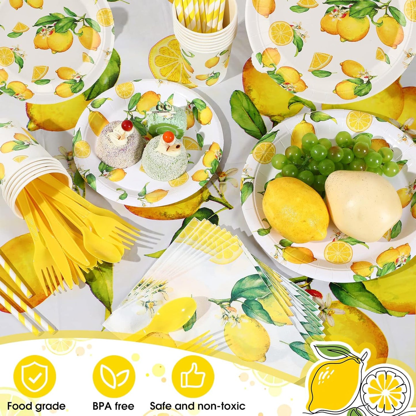 161 Pcs Lemon Party Supplies Serves 24 Guests Disposable Lemon Tablecloth Dinnerware Set 2 Sizes of Paper Plate Cup Napkin Knife Fork Spoon Straw for Birthday Baby Shower Wedding Dining Picnic