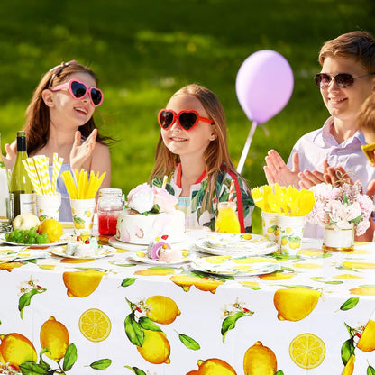 161 Pcs Lemon Party Supplies Serves 24 Guests Disposable Lemon Tablecloth Dinnerware Set 2 Sizes of Paper Plate Cup Napkin Knife Fork Spoon Straw for Birthday Baby Shower Wedding Dining Picnic