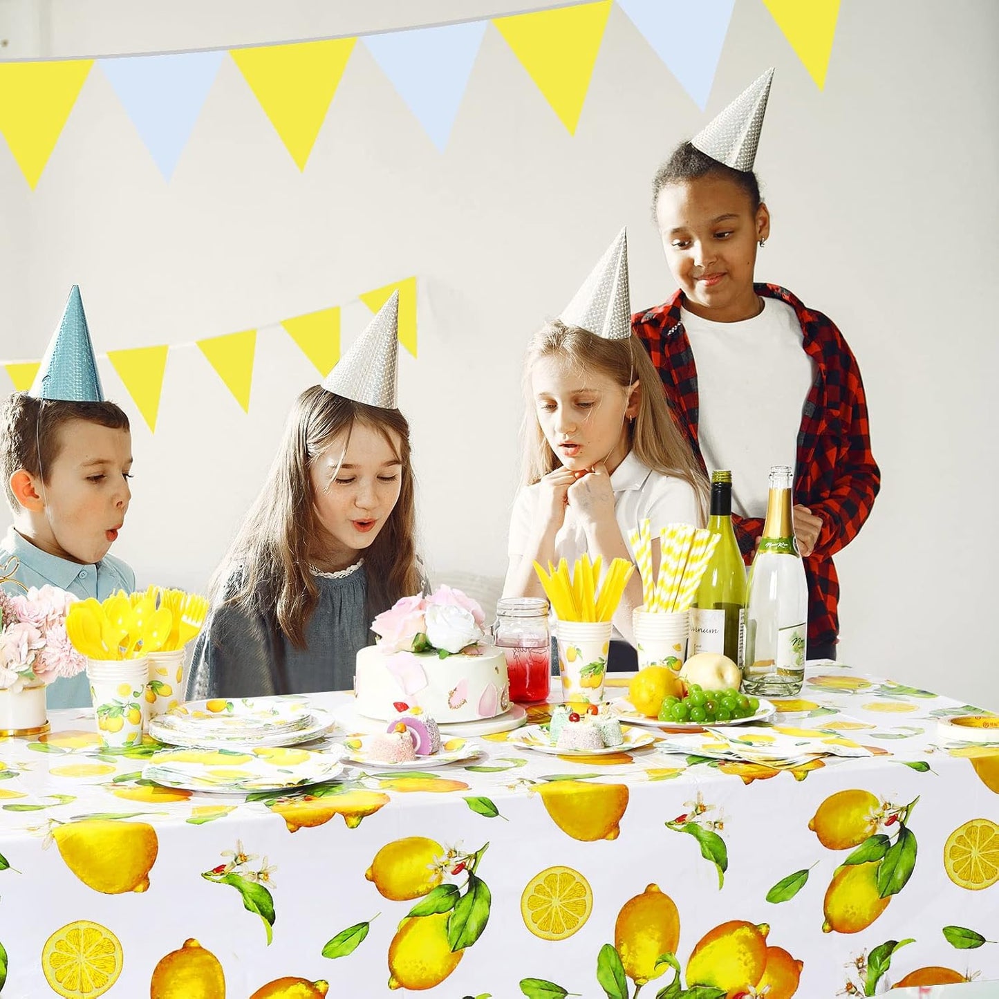 161 Pcs Lemon Party Supplies Serves 24 Guests Disposable Lemon Tablecloth Dinnerware Set 2 Sizes of Paper Plate Cup Napkin Knife Fork Spoon Straw for Birthday Baby Shower Wedding Dining Picnic