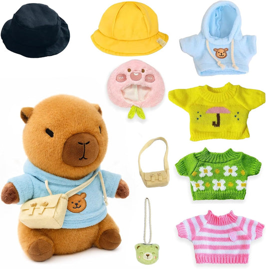 10.2" Brown Capybara Plush Toy with 9 Clothes and Accessories Super Soft Capybara Stuffed Animal for Kids Girls Boys (Yellow Capybara)